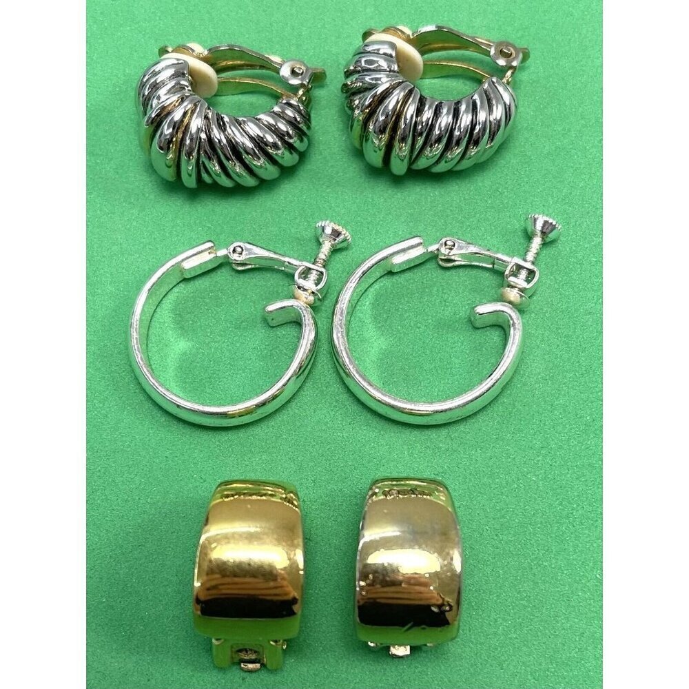 VTG 1980s Lot 3 Goldtone Silvertone 3/4" Huggie Hoop Clip-On EARRINGS EUC